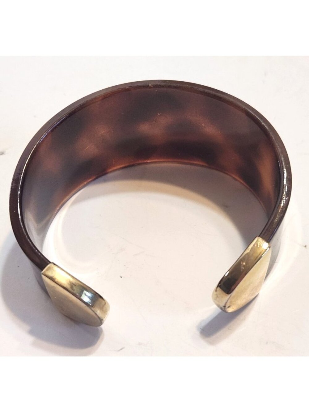 Brown & Gold-Tone Faux Tortoise Look Cuff Bracelet With Gold Tone Accent Caps